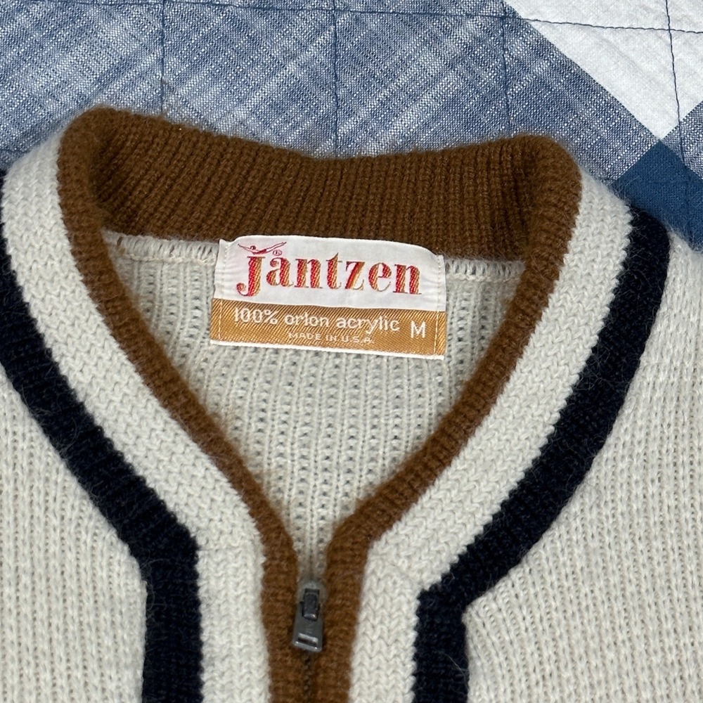 Vintage Jantzen Mens Full Zip Cardigan Sweater Cream Striped Orion Acrylic M - Picture 2 of 6